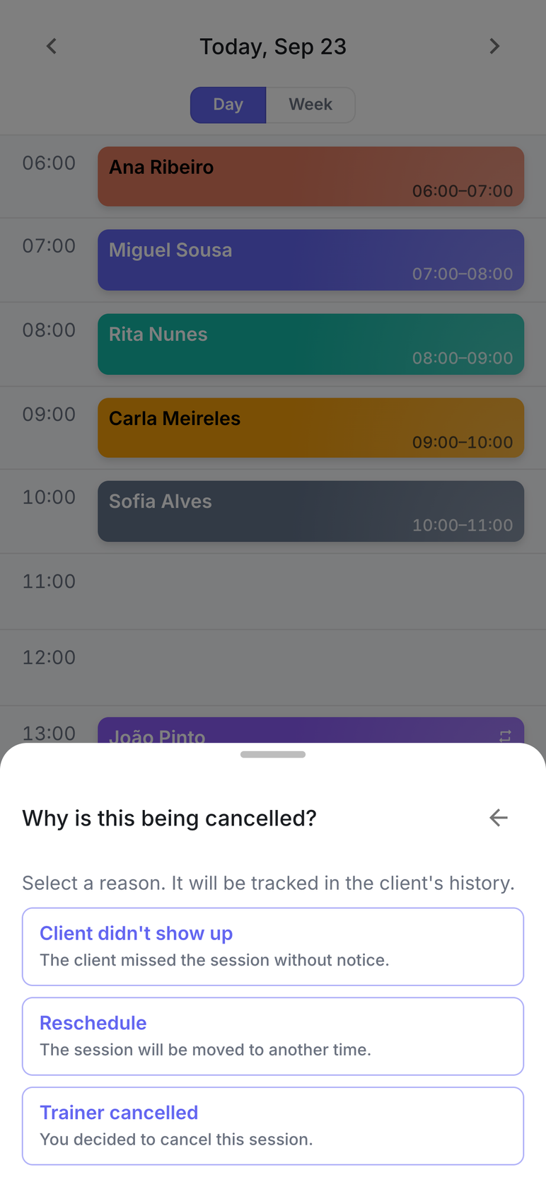 Cancelar una sesión en Blockday: elegir entre el cliente no vino, cambiar de fecha y cancelada por ti