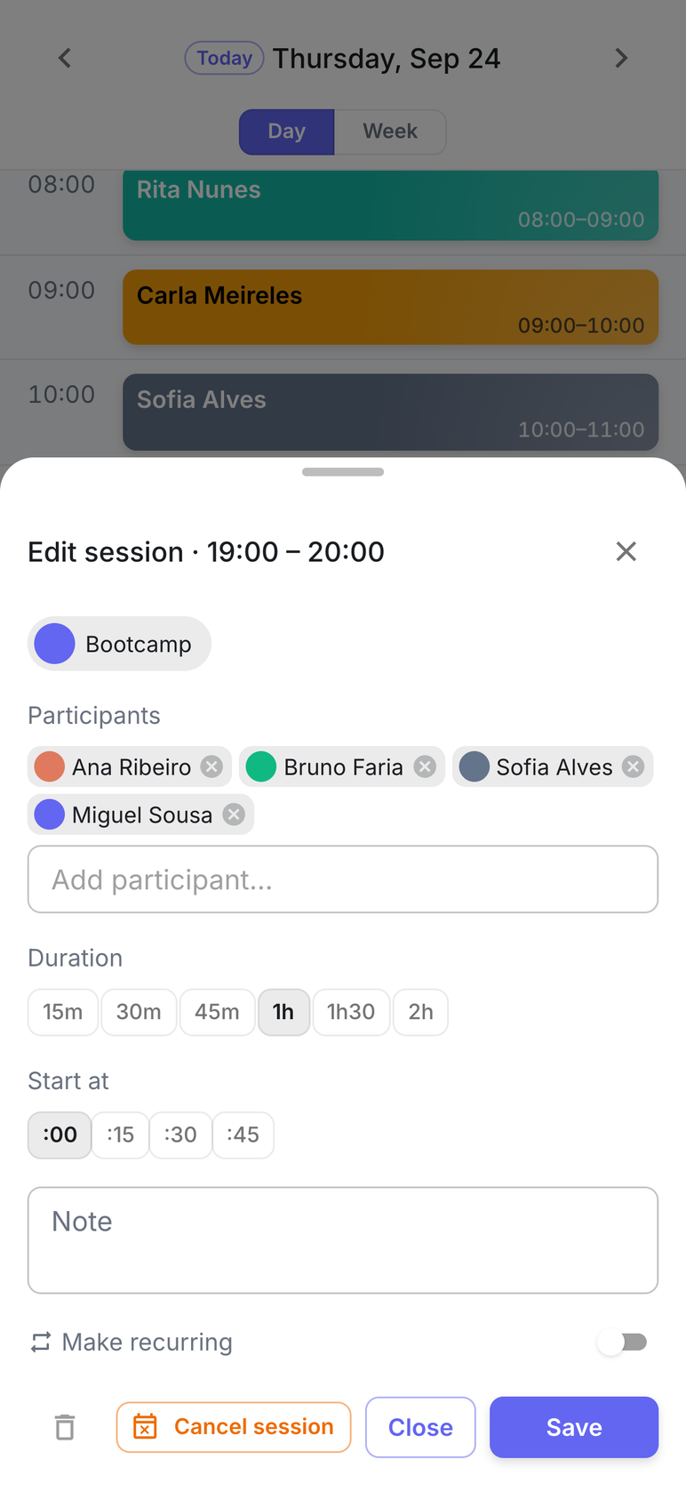 Editing a Bootcamp group session: four participants, an add-participant field and a switch to make it recurring