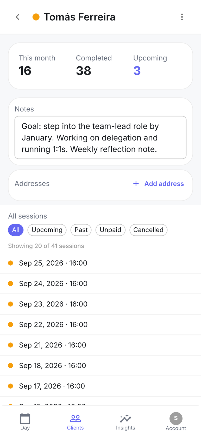A coaching client’s card: the goal of stepping into a team-lead role by January, and work on delegation and 1:1s