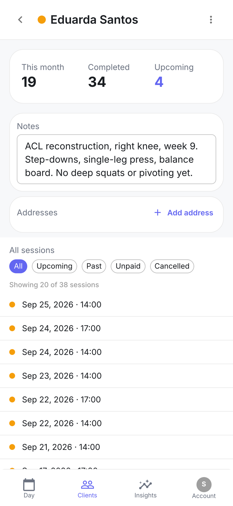 A physiotherapy patient’s card: ACL reconstruction, week 9, current exercises and restrictions, 34 completed and 4 upcoming sessions