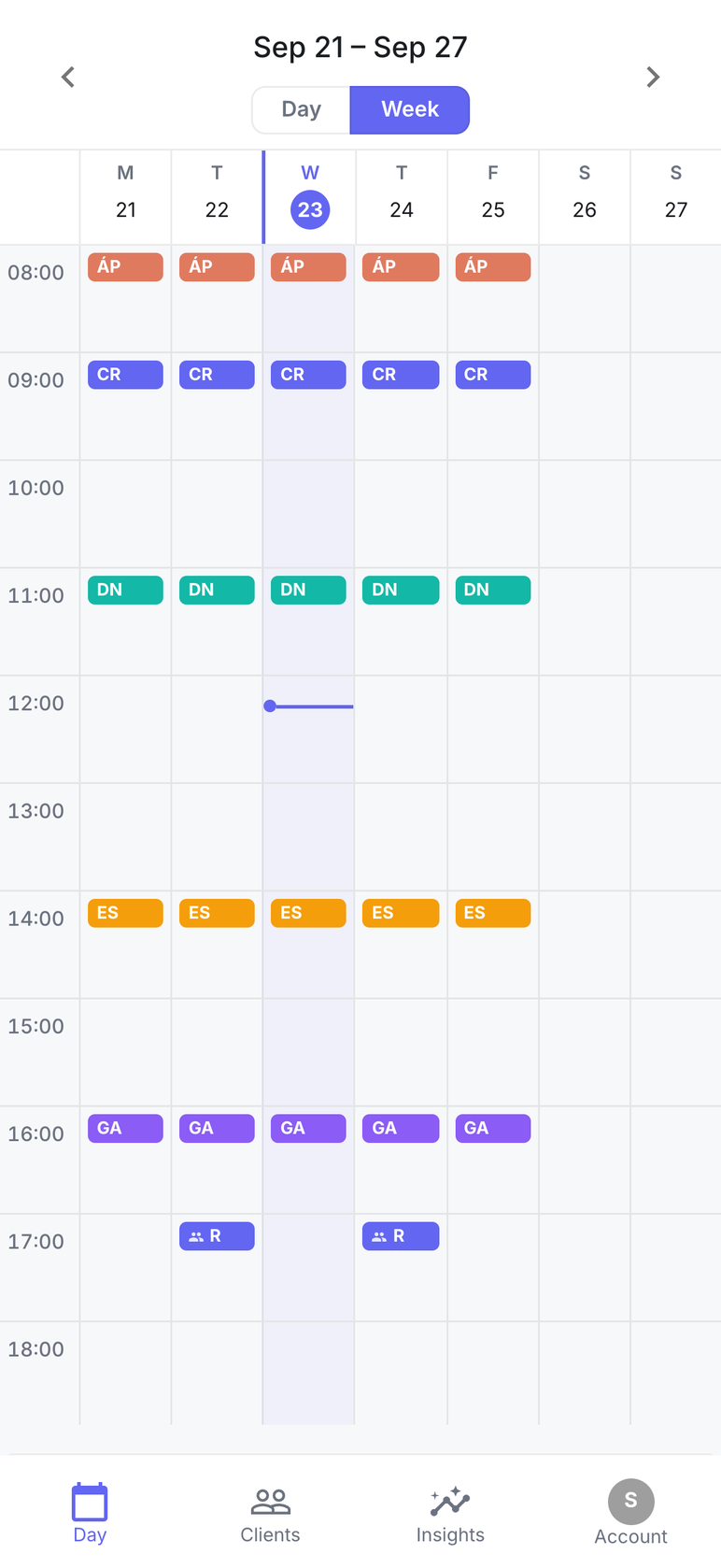 A physiotherapist’s week in Blockday, one colour per patient