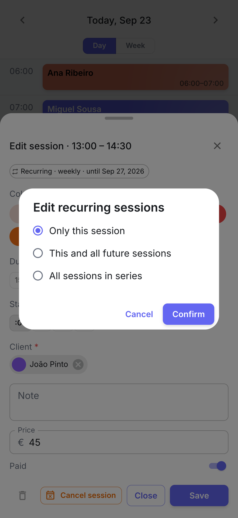 Blockday asking whether an edit applies to only this session, this and all future sessions, or the whole series